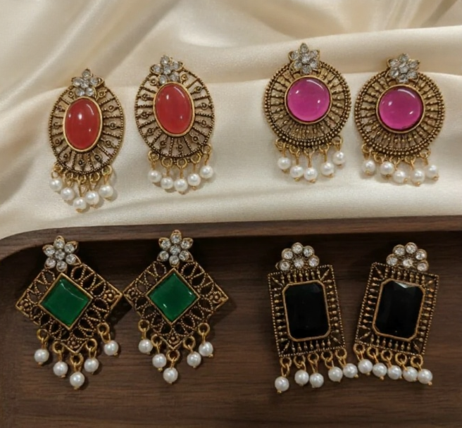 Avnee's Antique Stone & Pearl Drop Earrings Combo 4 Pairs