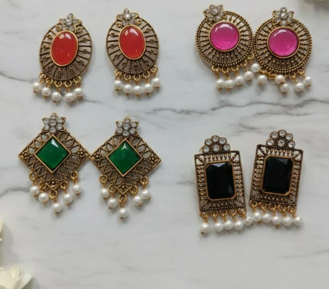 Avnee's Antique Stone & Pearl Drop Earrings Combo 4 Pairs