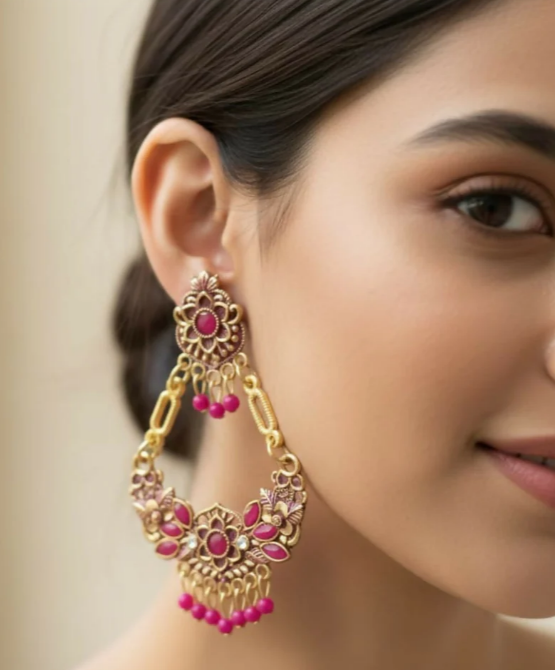 Avnee's Pink Ethnic Chandbali Style Drop Earrings