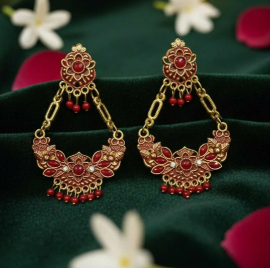 Avnee's Red Ethnic Chandbali Style Drop Earrings
