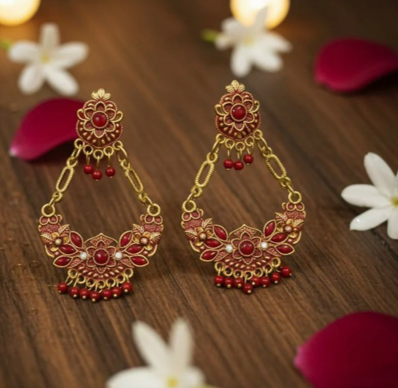 Avnee's Red Ethnic Chandbali Style Drop Earrings
