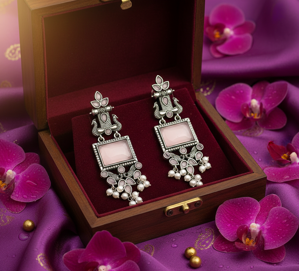 Avnee's Traditional Oxidized Silver Baby Pink Stone Pearl Drop Earrings