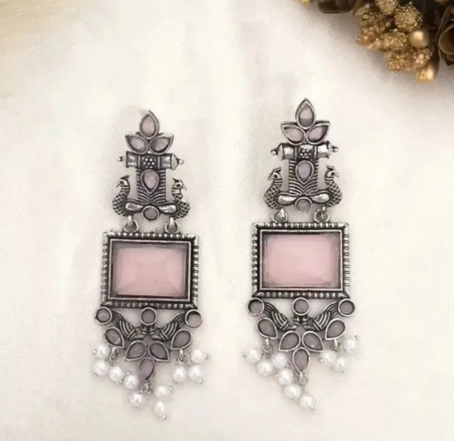 Avnee's Traditional Oxidized Silver Baby Pink Stone Pearl Drop Earrings