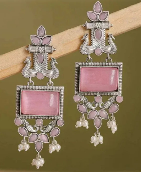 Avnee's Traditional Oxidized Silver Baby Pink Stone Pearl Drop Earrings