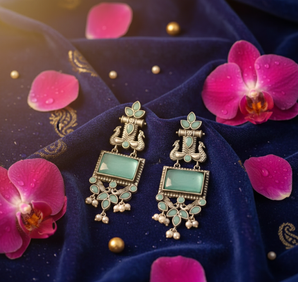 Avnee's Traditional Oxidized Silver Blue Stone Pearl Drop Earrings