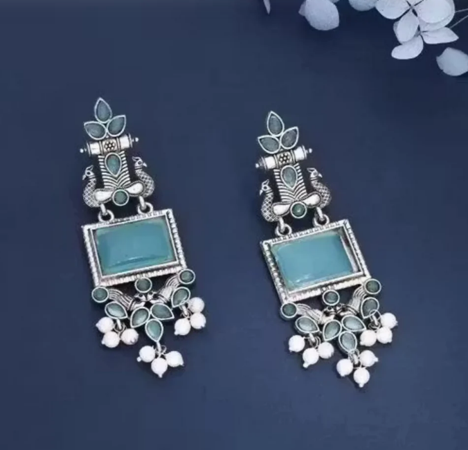 Avnee's Traditional Oxidized Silver Blue Stone Pearl Drop Earrings