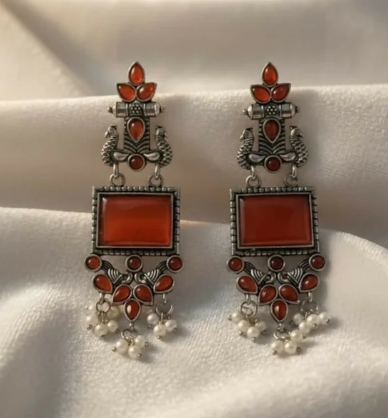 Avnee's Traditional Oxidized Silver Red Stone Pearl Drop Earrings