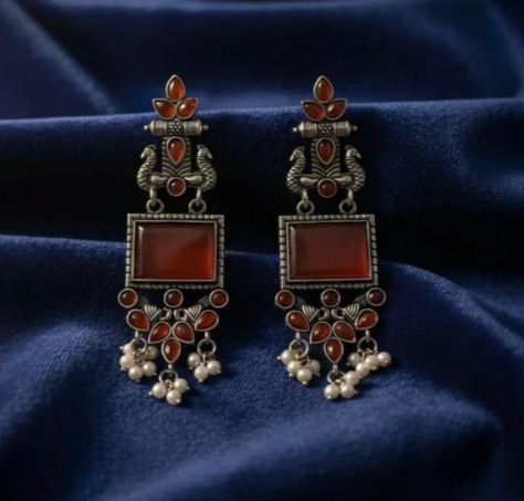 Avnee's Traditional Oxidized Silver Red Stone Pearl Drop Earrings