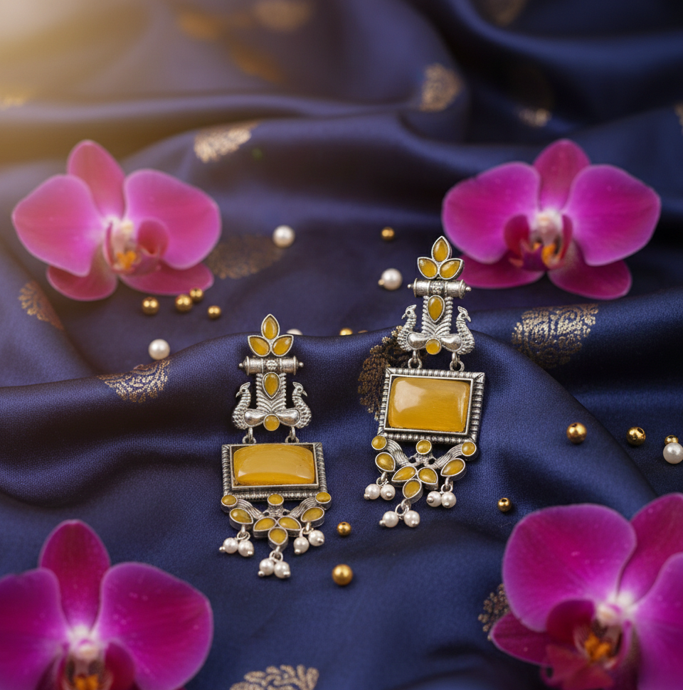 Avnee's Traditional Oxidized Silver Yellow Stone Pearl Drop Earrings