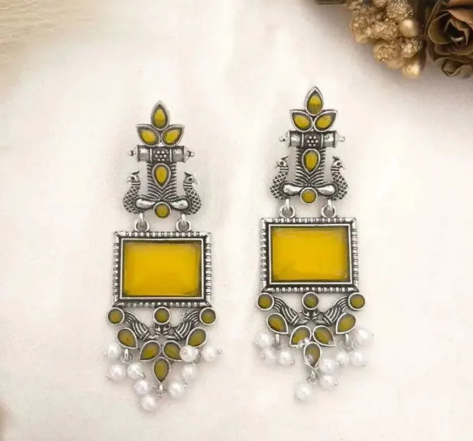 Avnee's Traditional Oxidized Silver Yellow Stone Pearl Drop Earrings