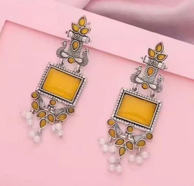 Avnee's Traditional Oxidized Silver Yellow Stone Pearl Drop Earrings