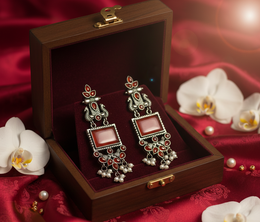 Avnee's Traditional Oxidized Silver Red Stone Pearl Drop Earrings