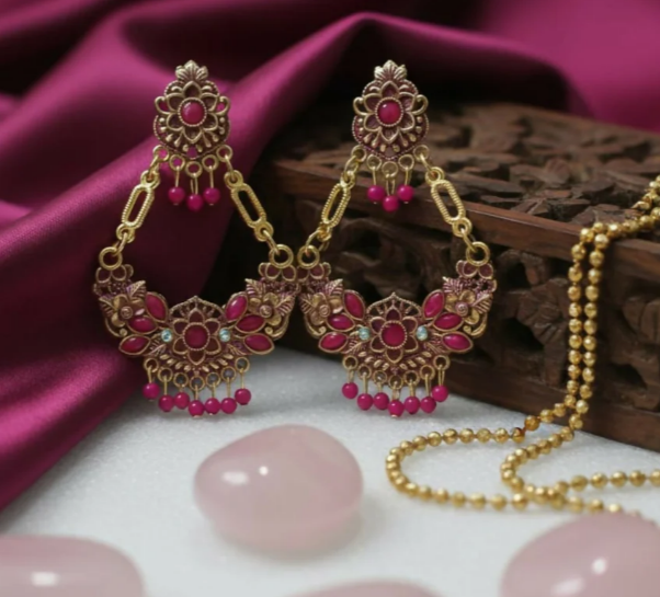 Avnee's Pink Ethnic Chandbali Style Drop Earrings thumbnail
