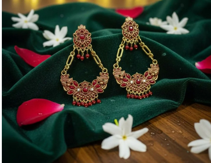 Avnee's Red Ethnic Chandbali Style Drop Earrings