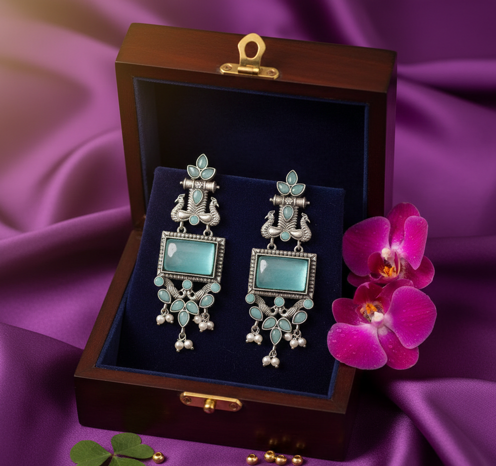 Avnee's Traditional Oxidized Silver Blue Stone Pearl Drop Earrings