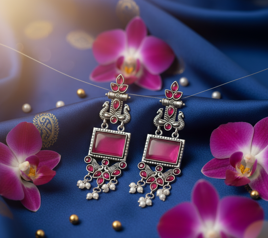 Avnee's Traditional Oxidized Silver Pink Stone Pearl Drop Earrings